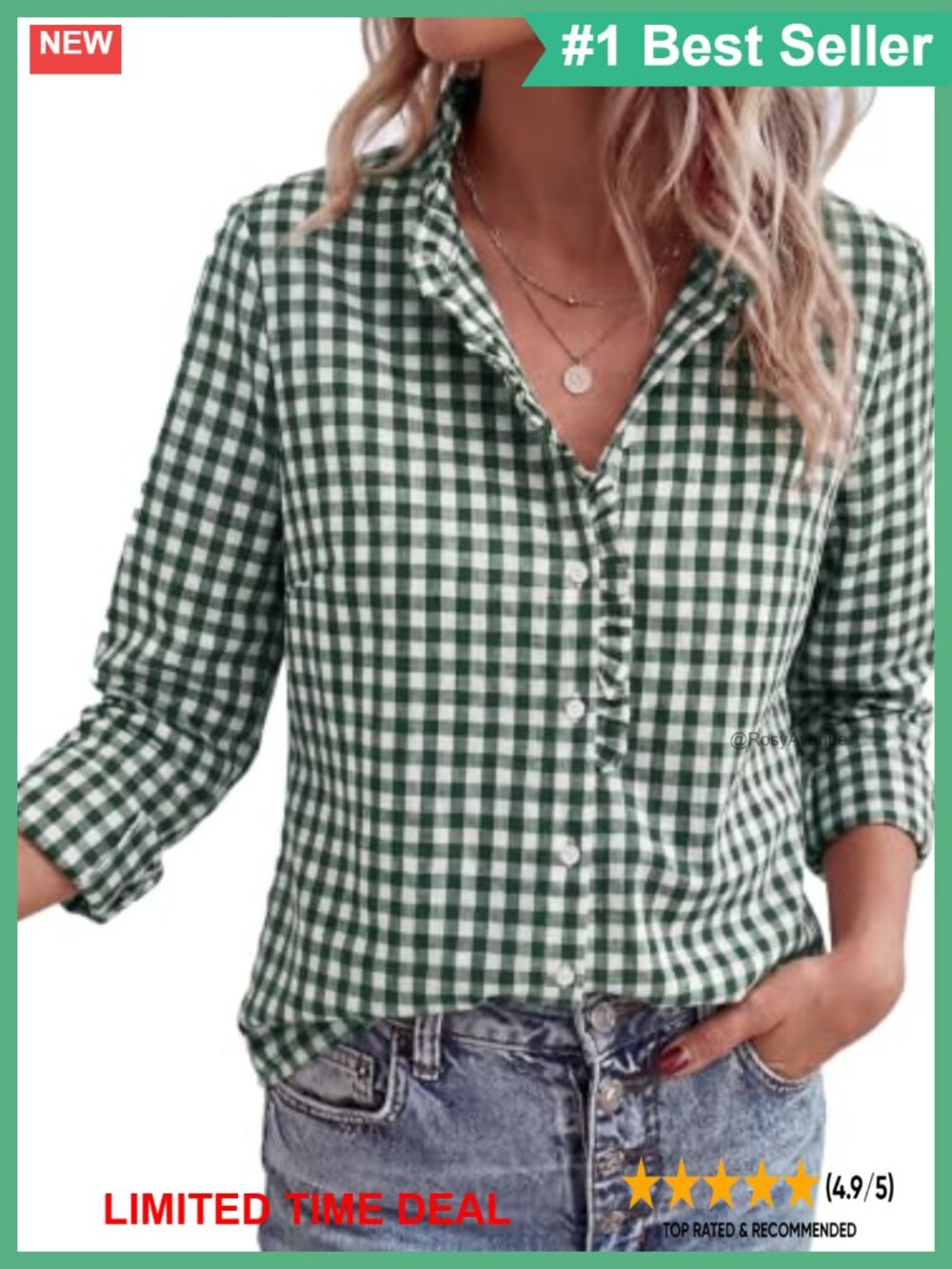 PRETTYGARDEN Womens Long Sleeve Button Down Plaid Shirt Ruffle Collar V Neck